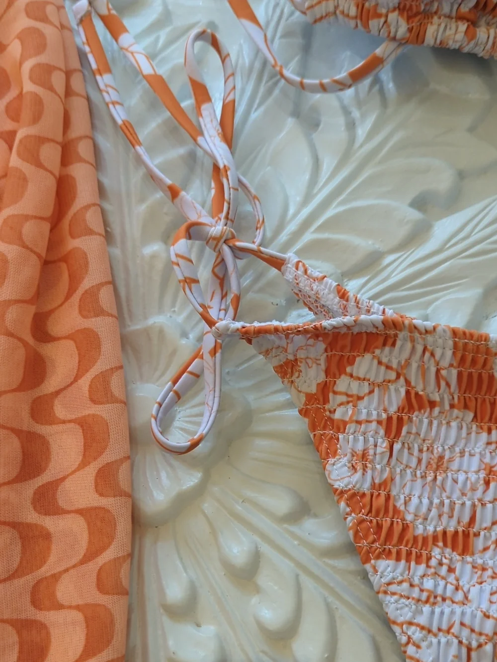 Orange Patterned Bikini Set with Matching Cover-Up Medium